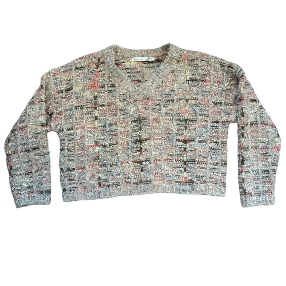 Altar'D State Cream and Pink Tweed with Ribbon Detail Cropped Sweater Size XS